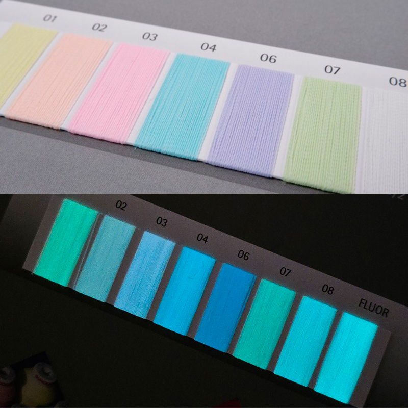 Thread sample cards displaying pastel embroidery threads and glow-in-the-dark thread options under light and dark conditions