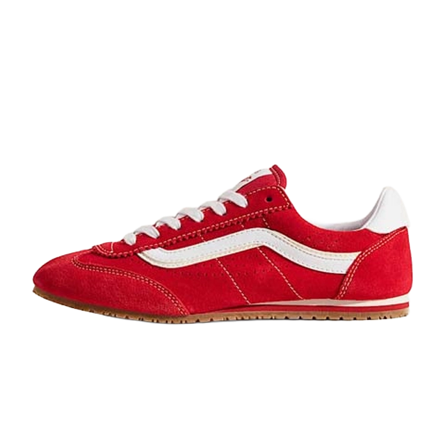 Red suede sneaker with white accents and gum sole.