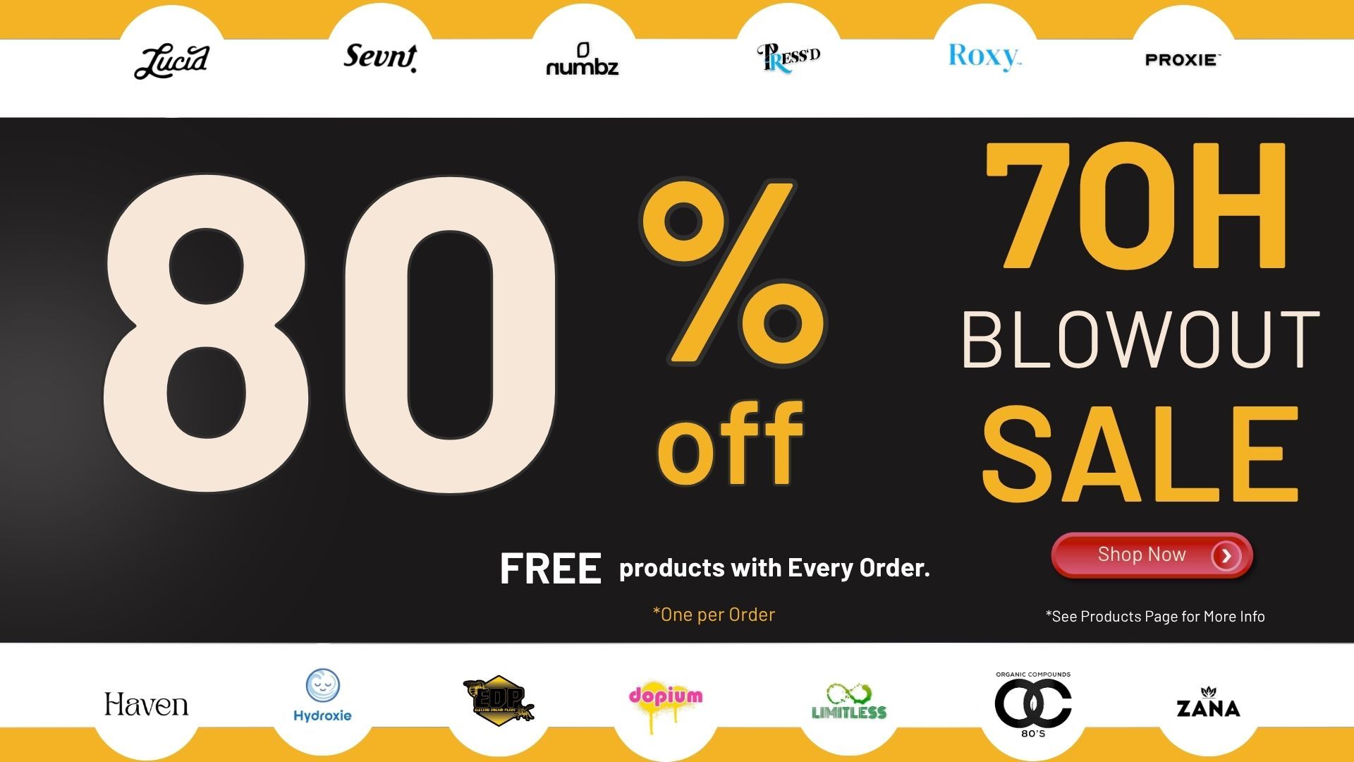 80% off, 70-hour blowout sale, free products with every order.