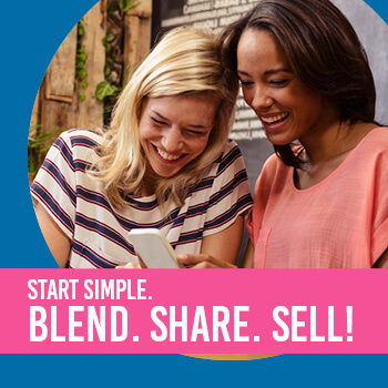 Two women smiling while looking at a phone, text overlay promoting sharing and selling.