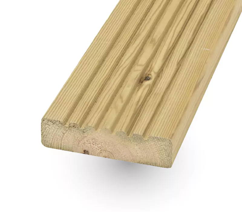Timber decking in smooth and grooved, and indicating that it is a strong and sturdy board. 