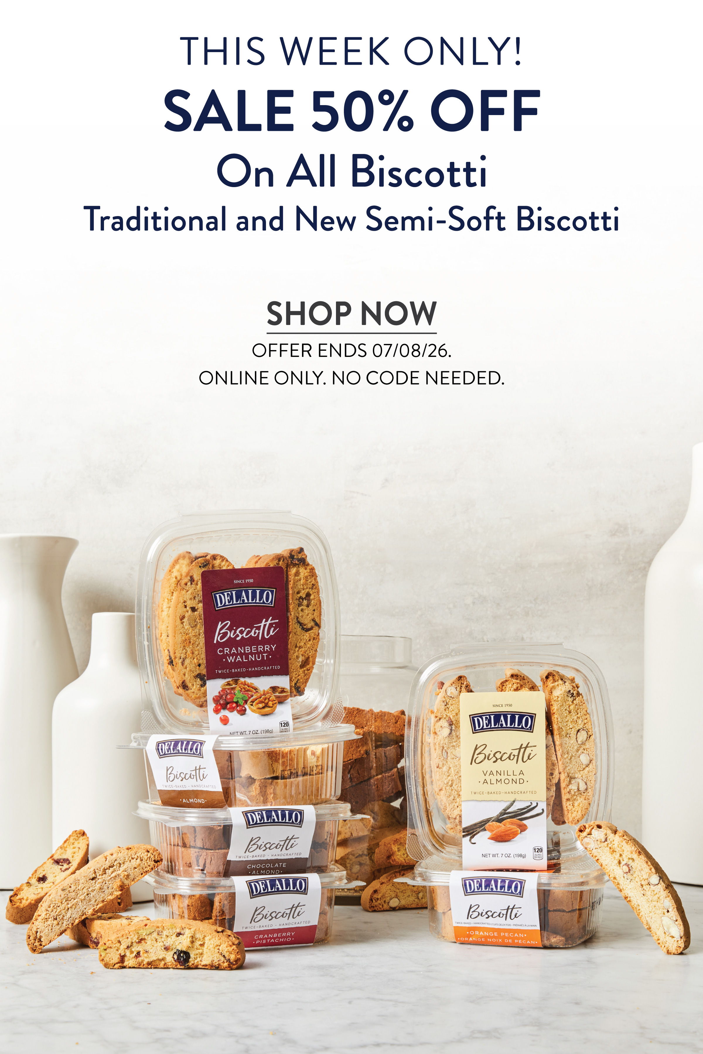Promotional image for 50% off biscotti sale, featuring various biscotti packages.