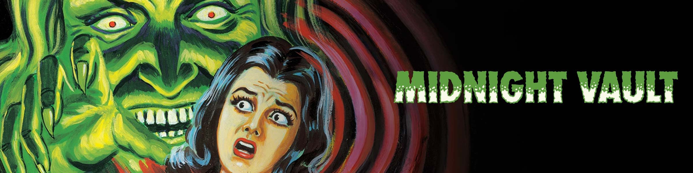 A vintage horror-themed image featuring a green monster and a frightened woman.