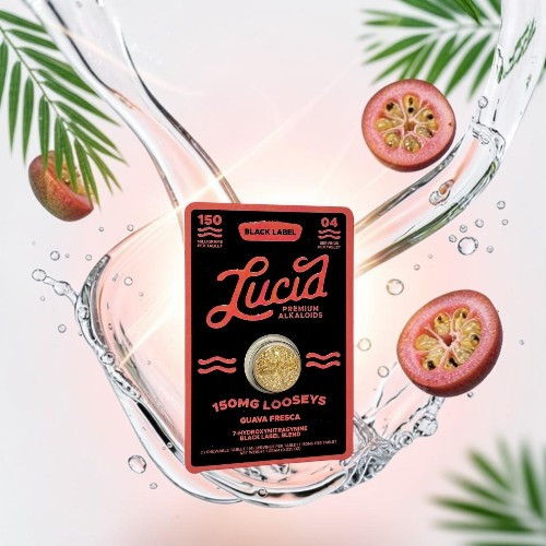 A package of Lucid's drink mix surrounded by water and fruit slices.