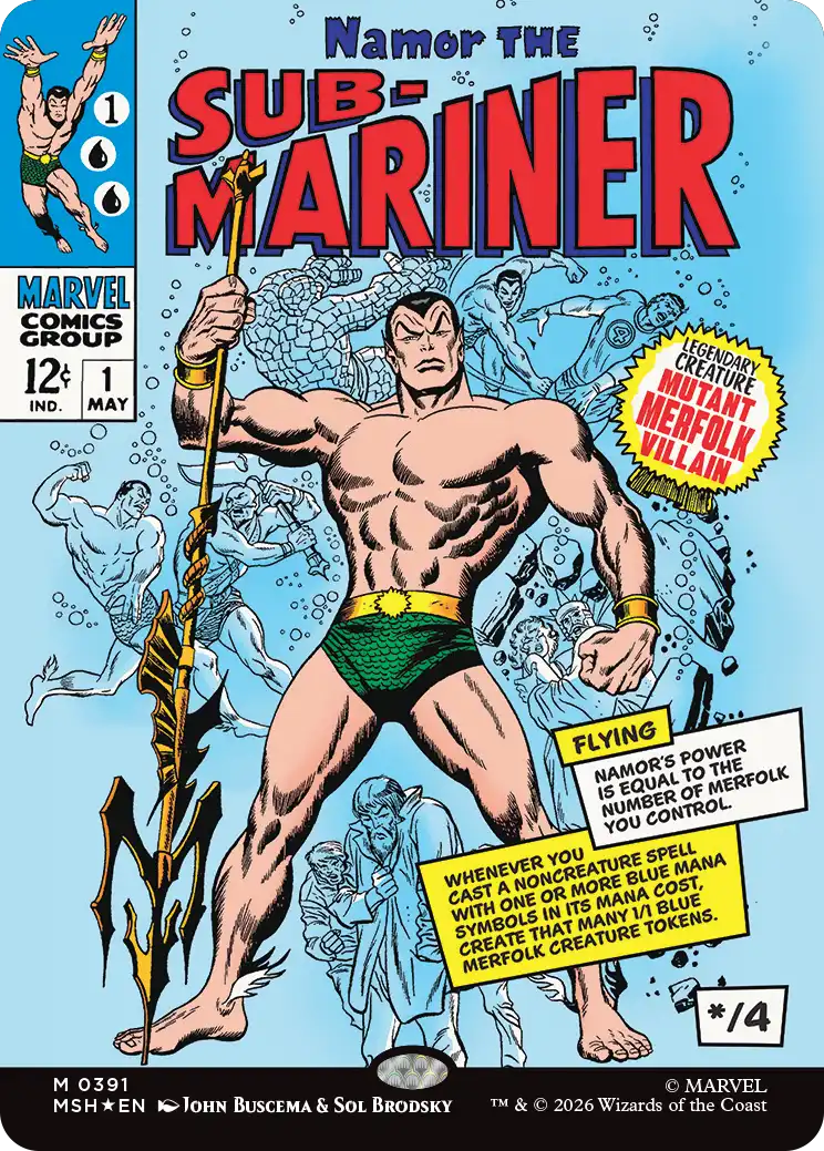 mtg marvel superheroes card list, preview and leaks featuring Namor the Sub-Mariner, holding a trident.