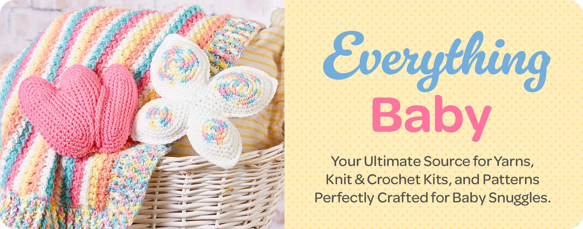 Colorful yarns and baby items with the text 