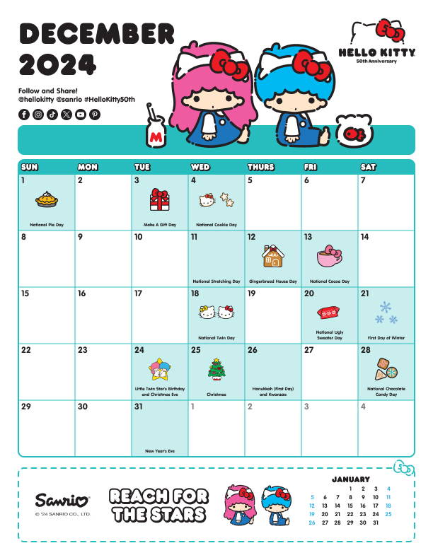 Sanrio Friend of the Month December 2024 Calendar featuring LittleTwinStars.