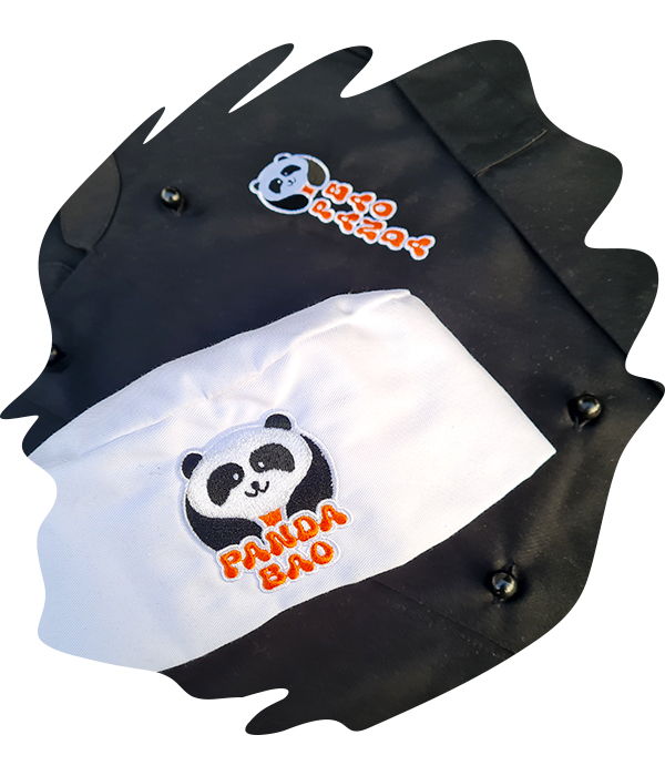 Black Chef Jacket and apron with embroidered panda logo and 