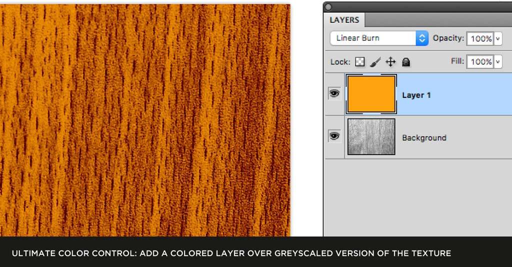 Adding colored layer with linear burn blending mode over greyscale version of wood grain texture photo in Photoshop