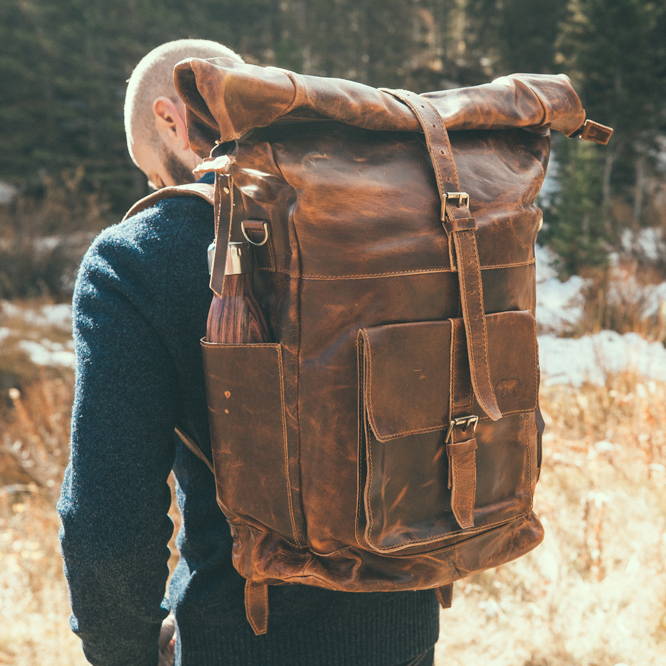 Men's Leather Backpack - Roll Top Rucksack for Laptops