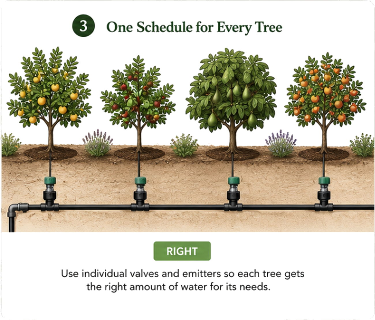 Illustration of trees with irrigation instructions for optimal watering.
