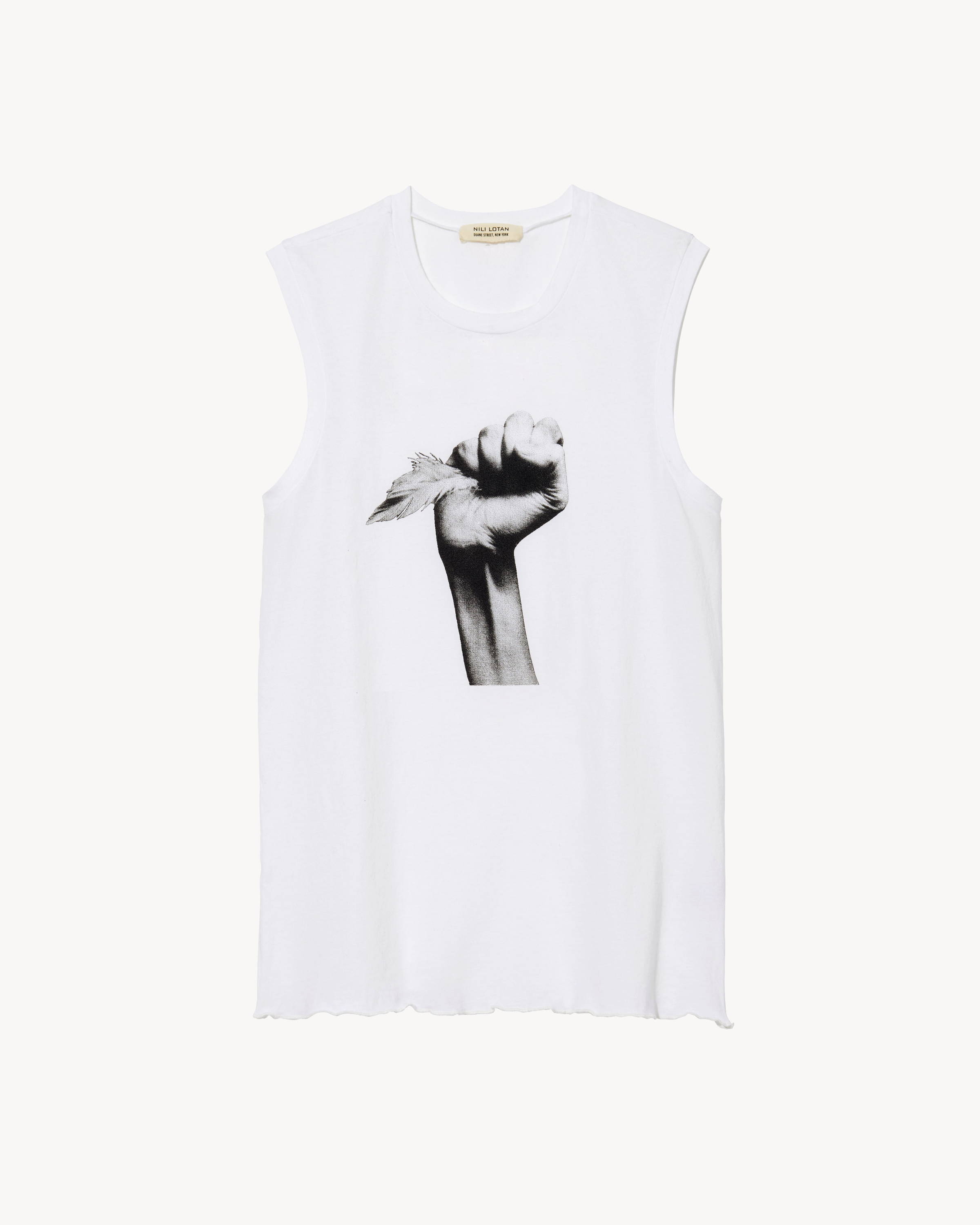 A white tank with a black and white image of a hand holding a feather.