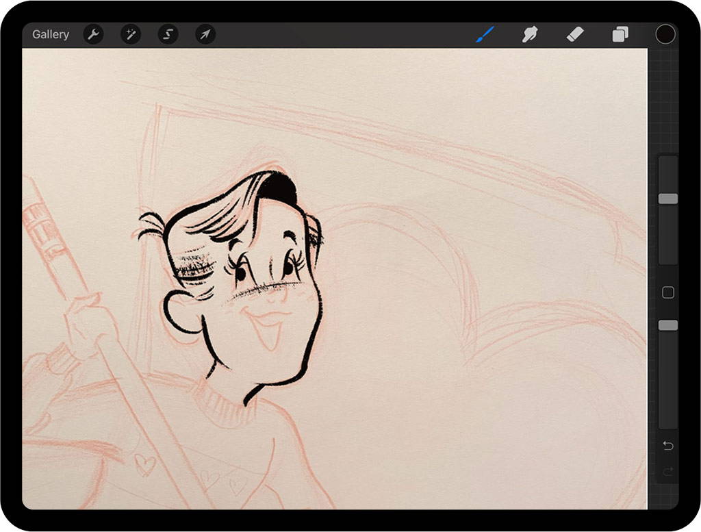 Inking the head and face of valentines card sketch in Procreate on iPad
