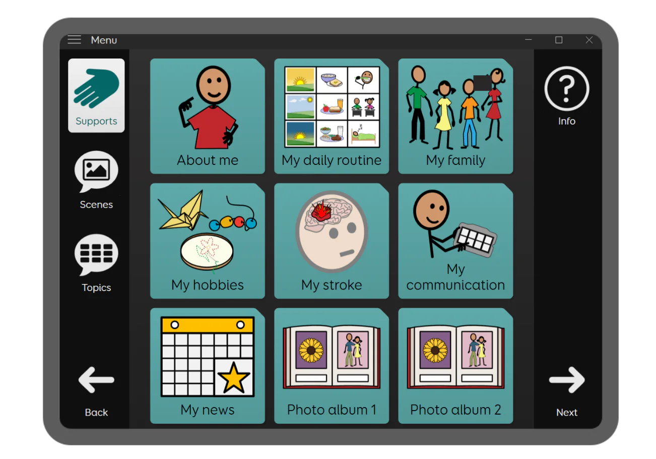 Tablet screen displaying various communication icons and topics for user interaction.