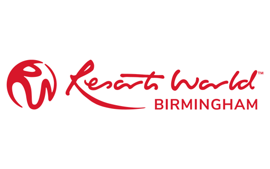 Logo of Resorts World Birmingham in red and black text.