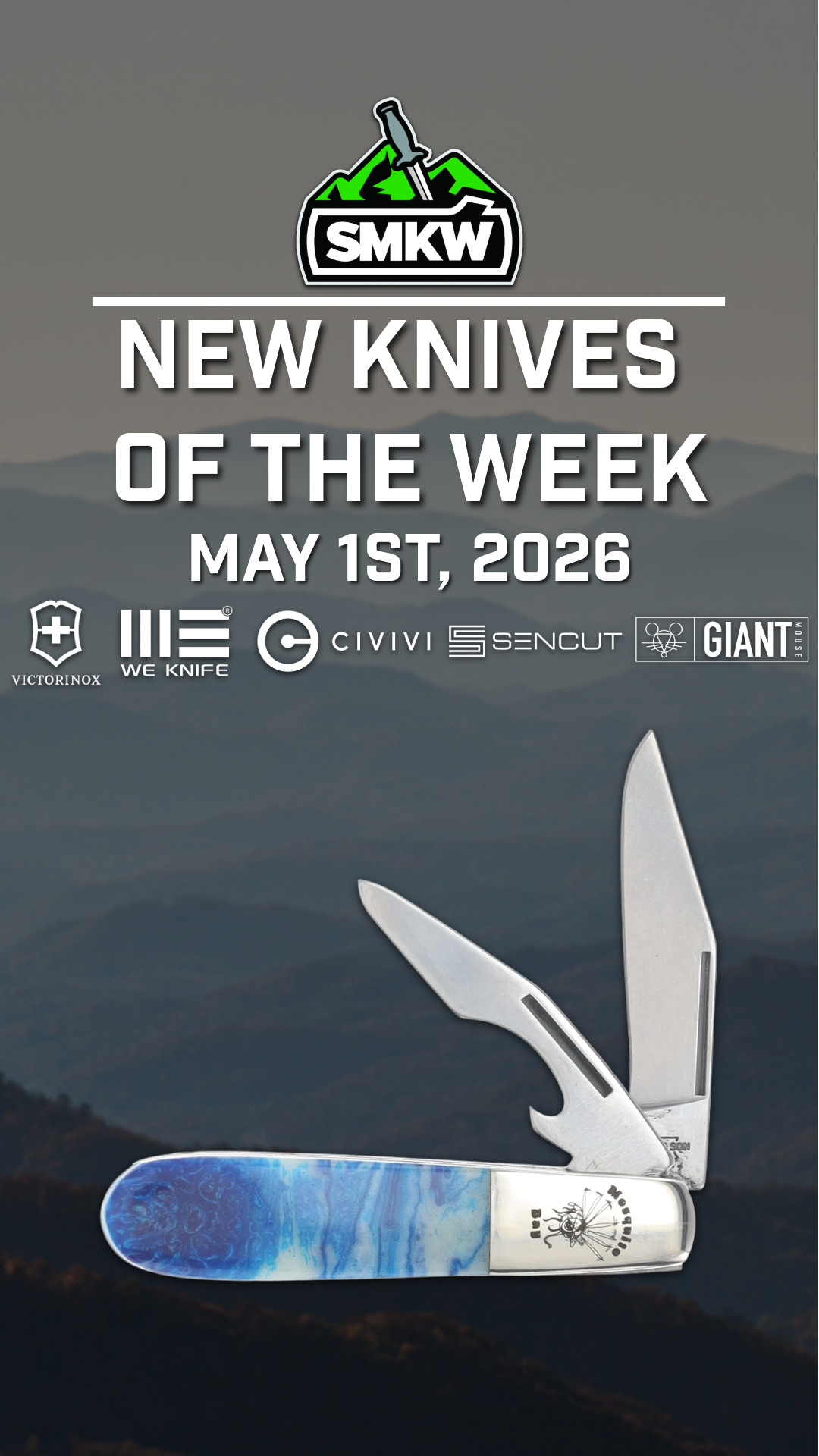 Promotional image for new knives, featuring various brands and a scenic background.