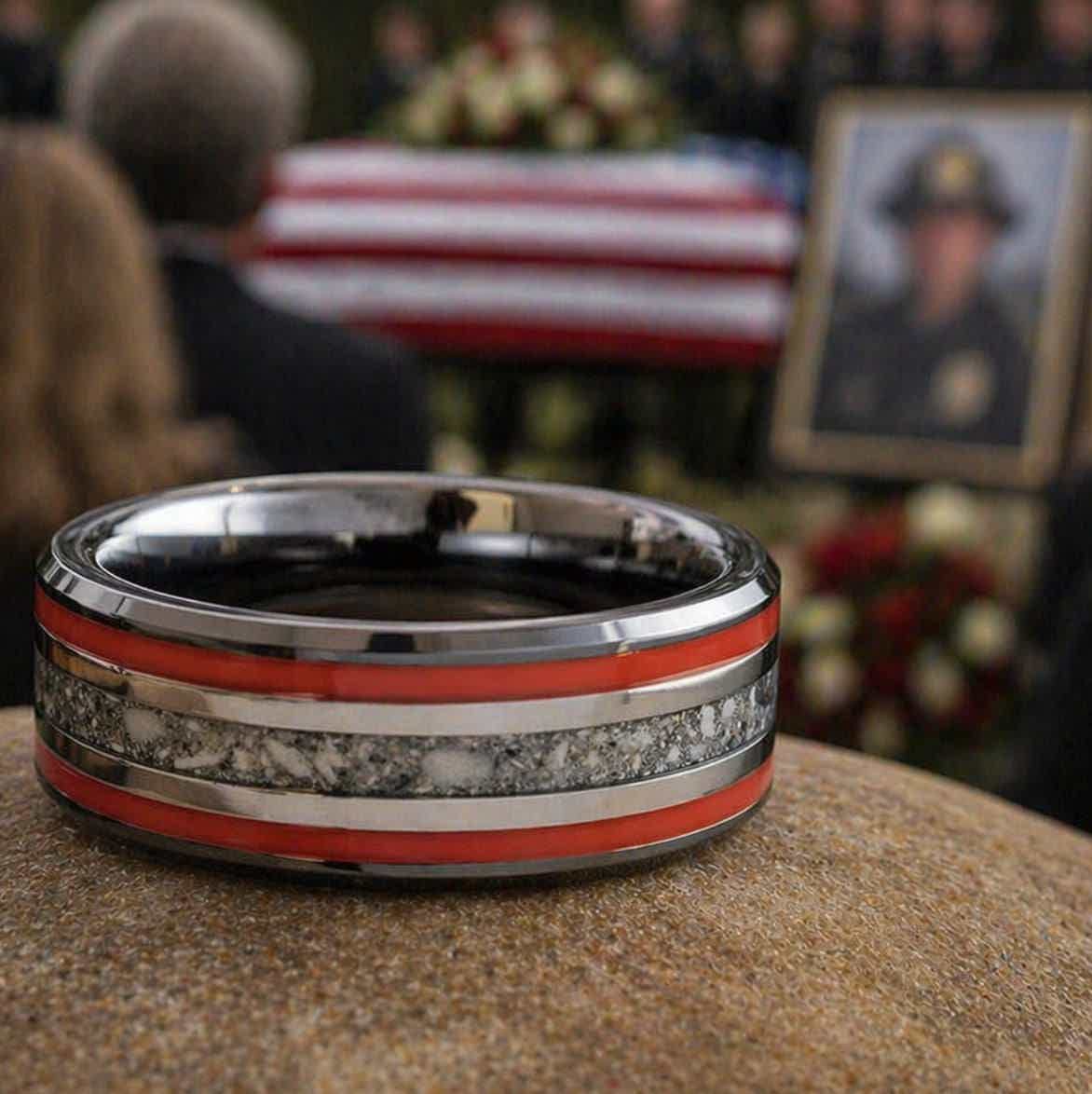 firefighter's cremation ring with ash and red enamel