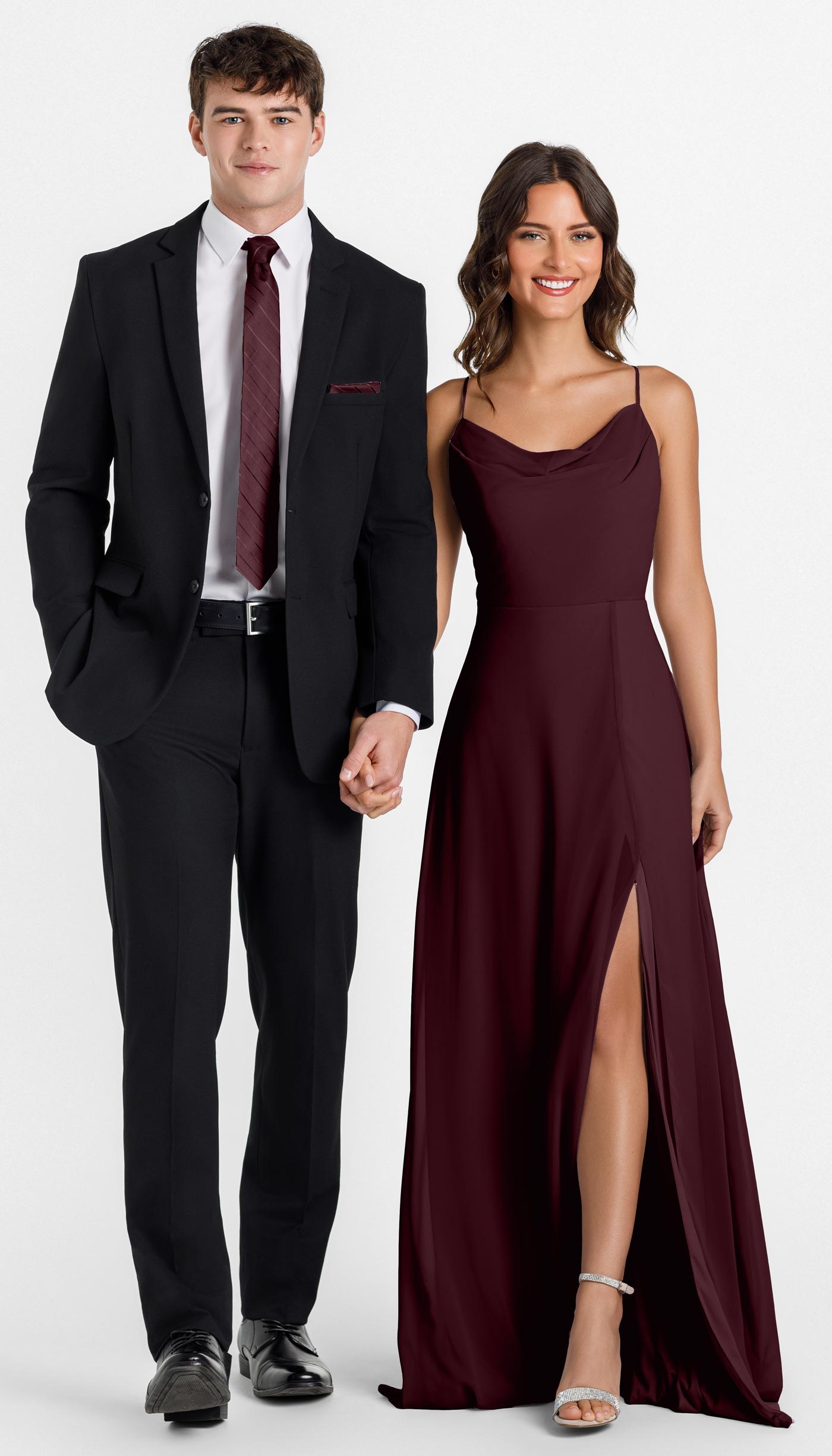 black suit with bordeaux bridesmaid dress