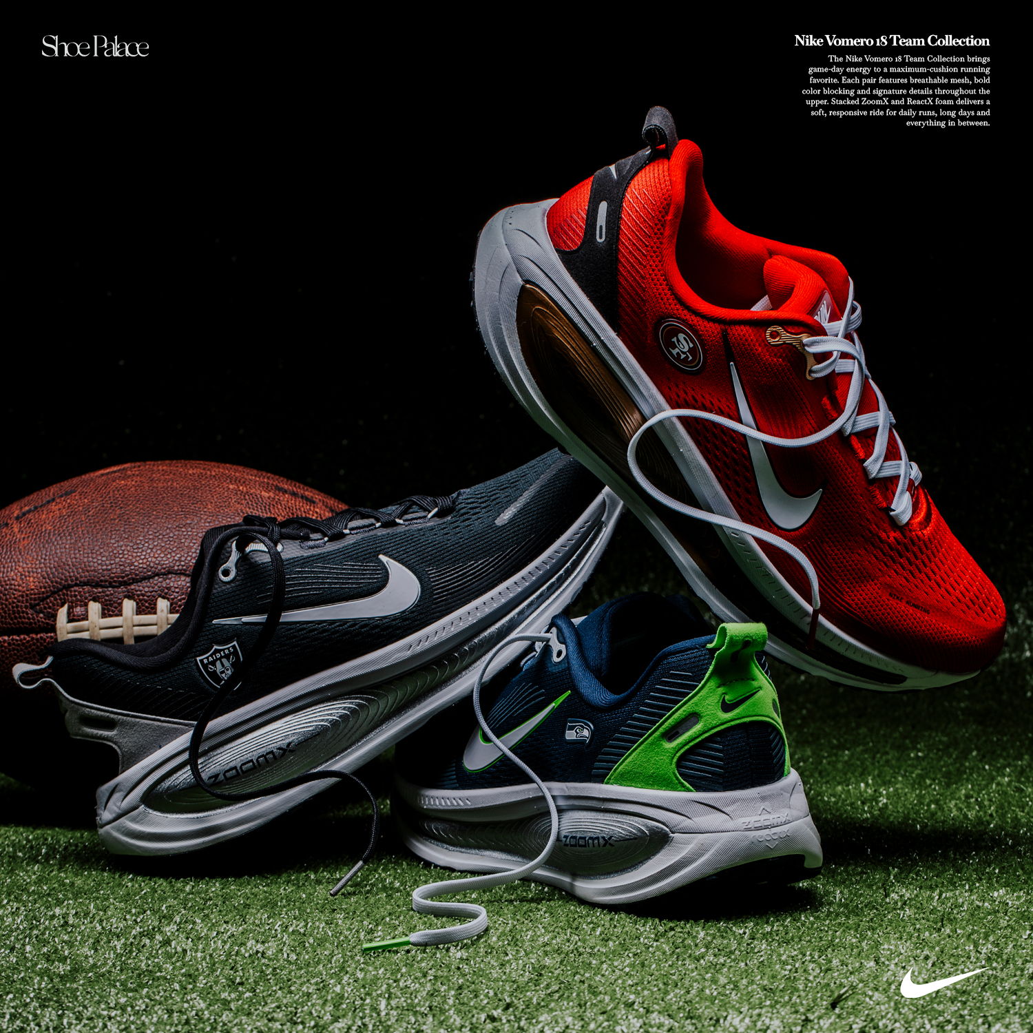 Three pairs of Nike shoes on green grass with a football.