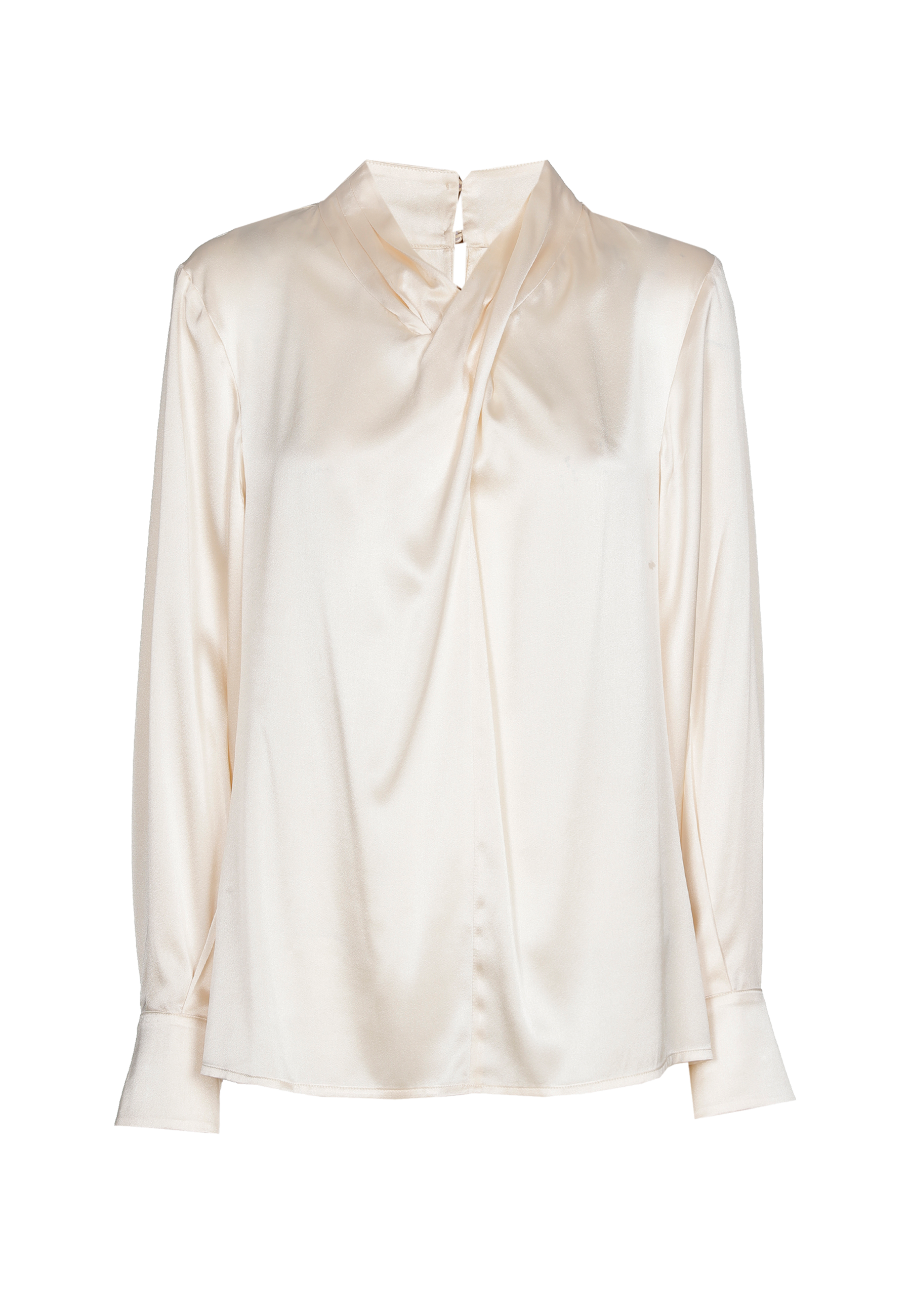 Cream satin long-sleeve blouse with a collar and button closure.