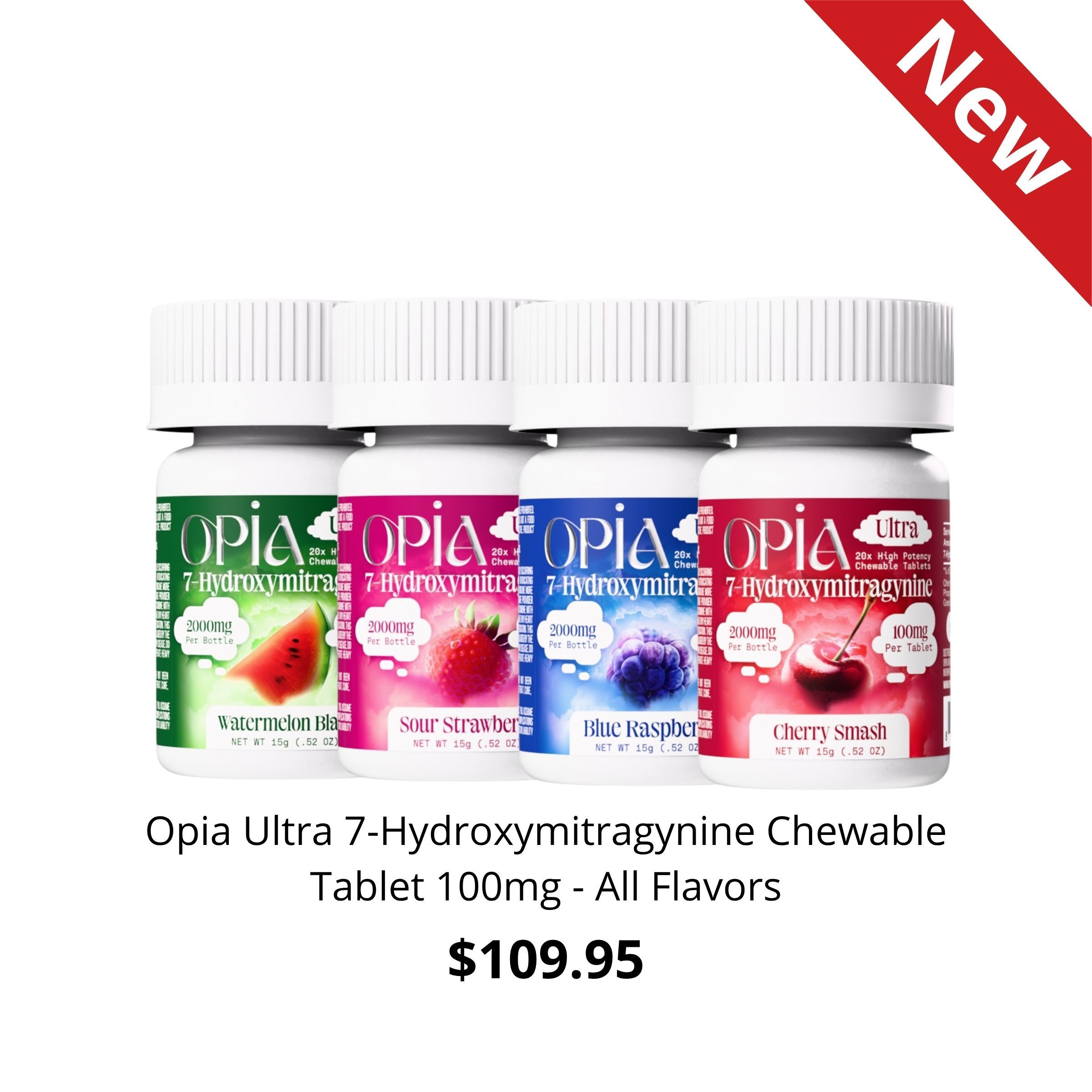 Three bottles of Opia chewable tablets in various flavors, priced at $109.95.