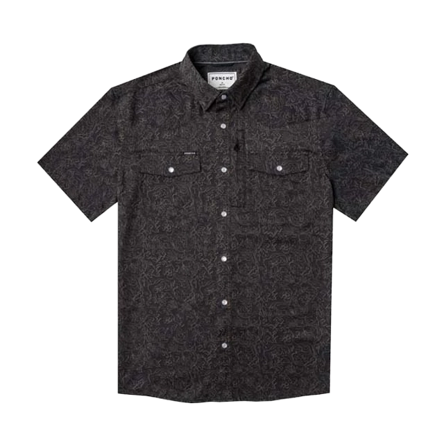 Short-sleeve button-up shirt in dark fabric with two chest pockets.