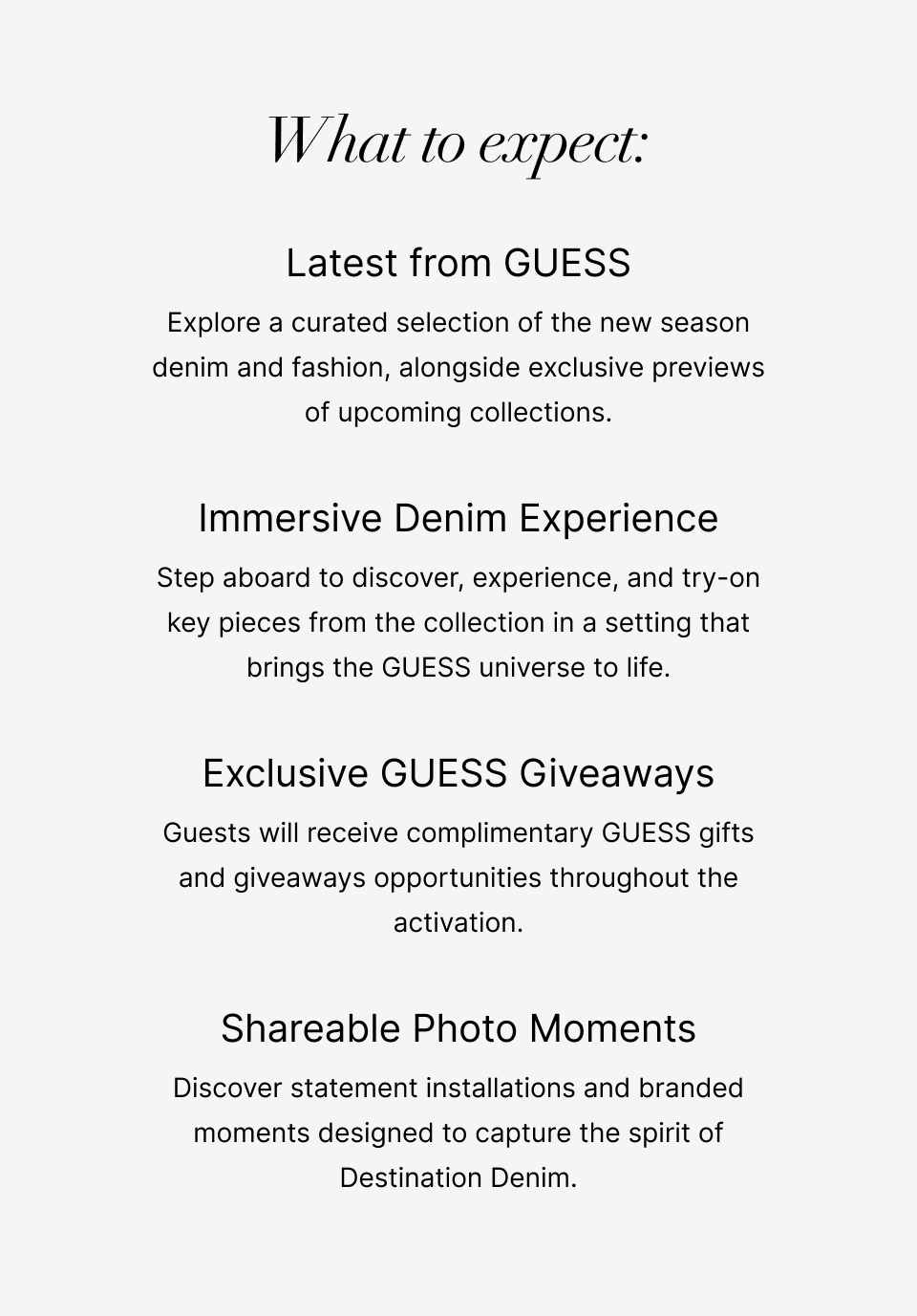 Text describing expectations for a GUESS event, including giveaways and photo moments.
