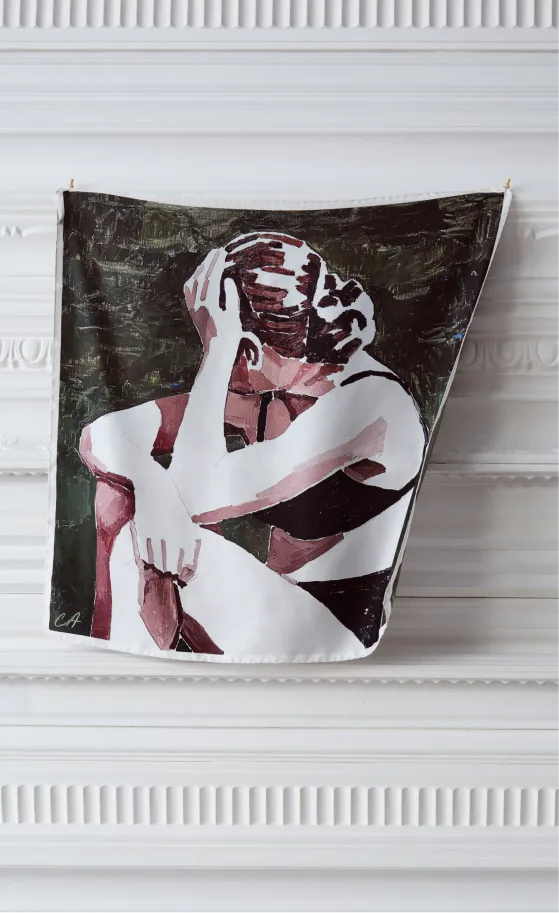 Artwork depicting a person sitting with their head in their hands.