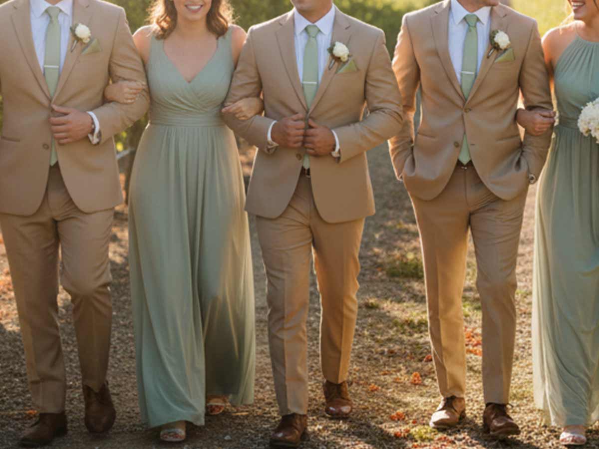 Group of bridesmaids and groomsmen coordinating in sage wedding colors