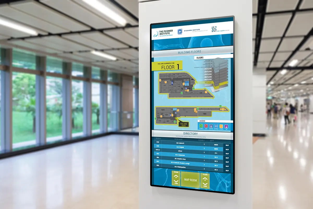 Digital information display in a modern building interior.