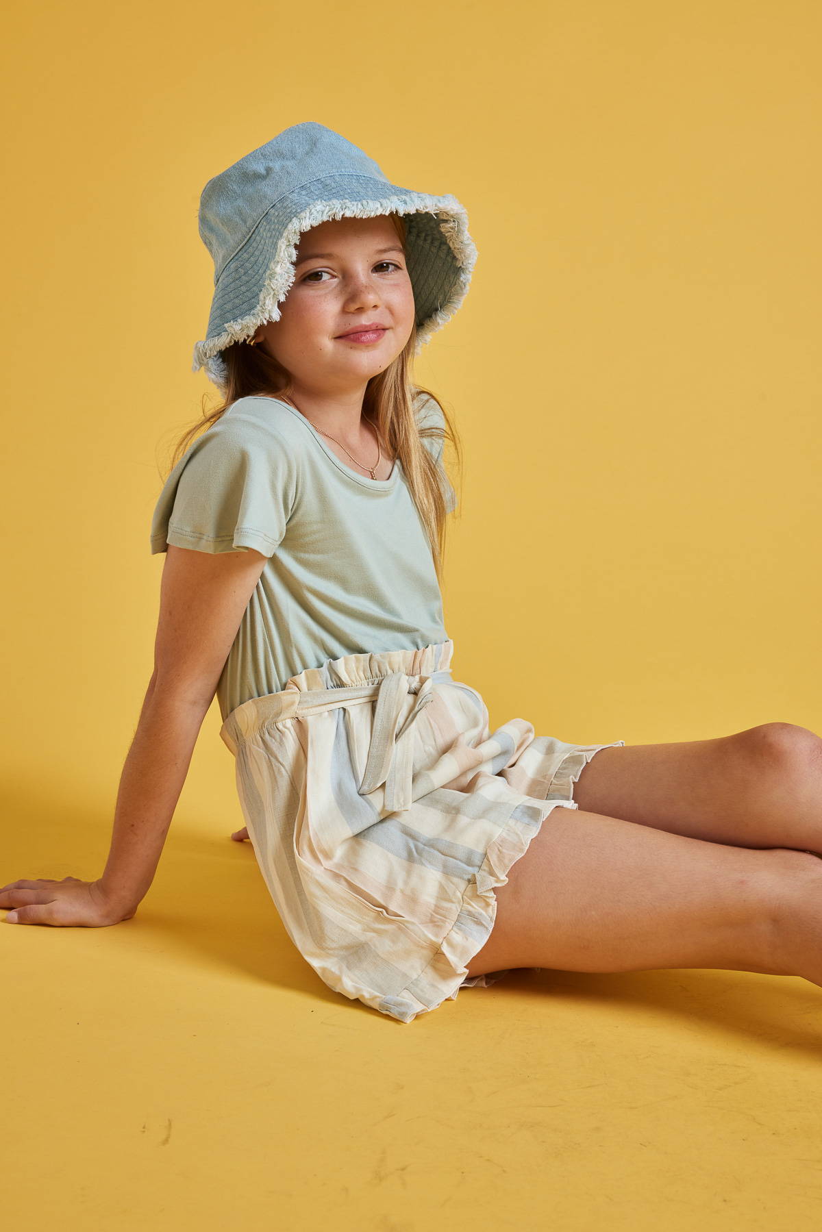 Trixxi girl kids short sleeve rompers link, girl drawcord waist stripe romper in a denim bucket hat. 