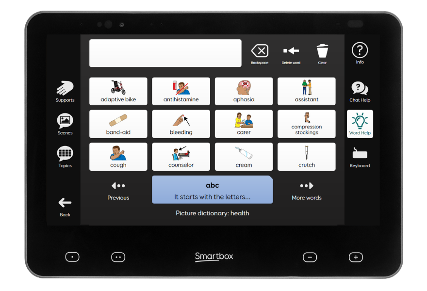 Grid Pad 13 speech-generating device with picture dictionary available on Aphasia Duo vocabulary software.