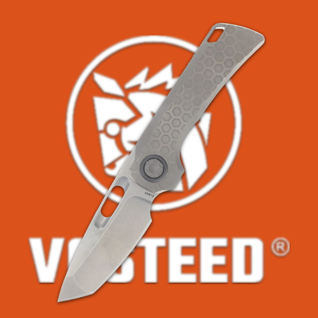 Folded knife with a gray handle on an orange background.