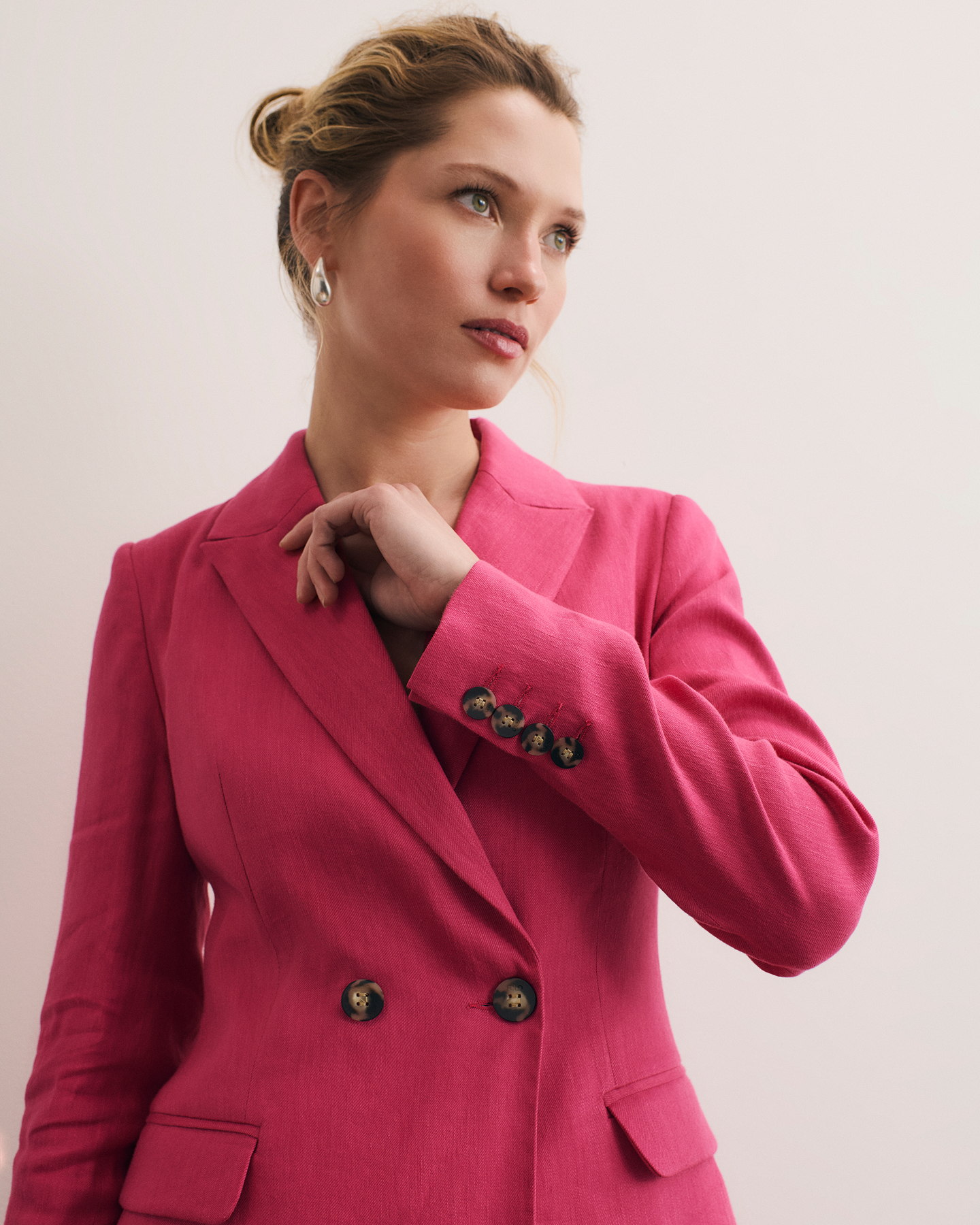 Model wearing fuchsia pink Knighton jacket
