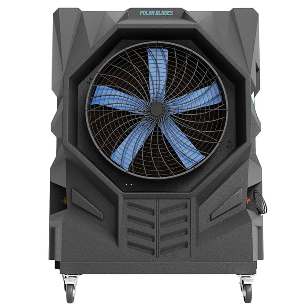 Portable evaporative cooler with a large blue fan and wheels for mobility.