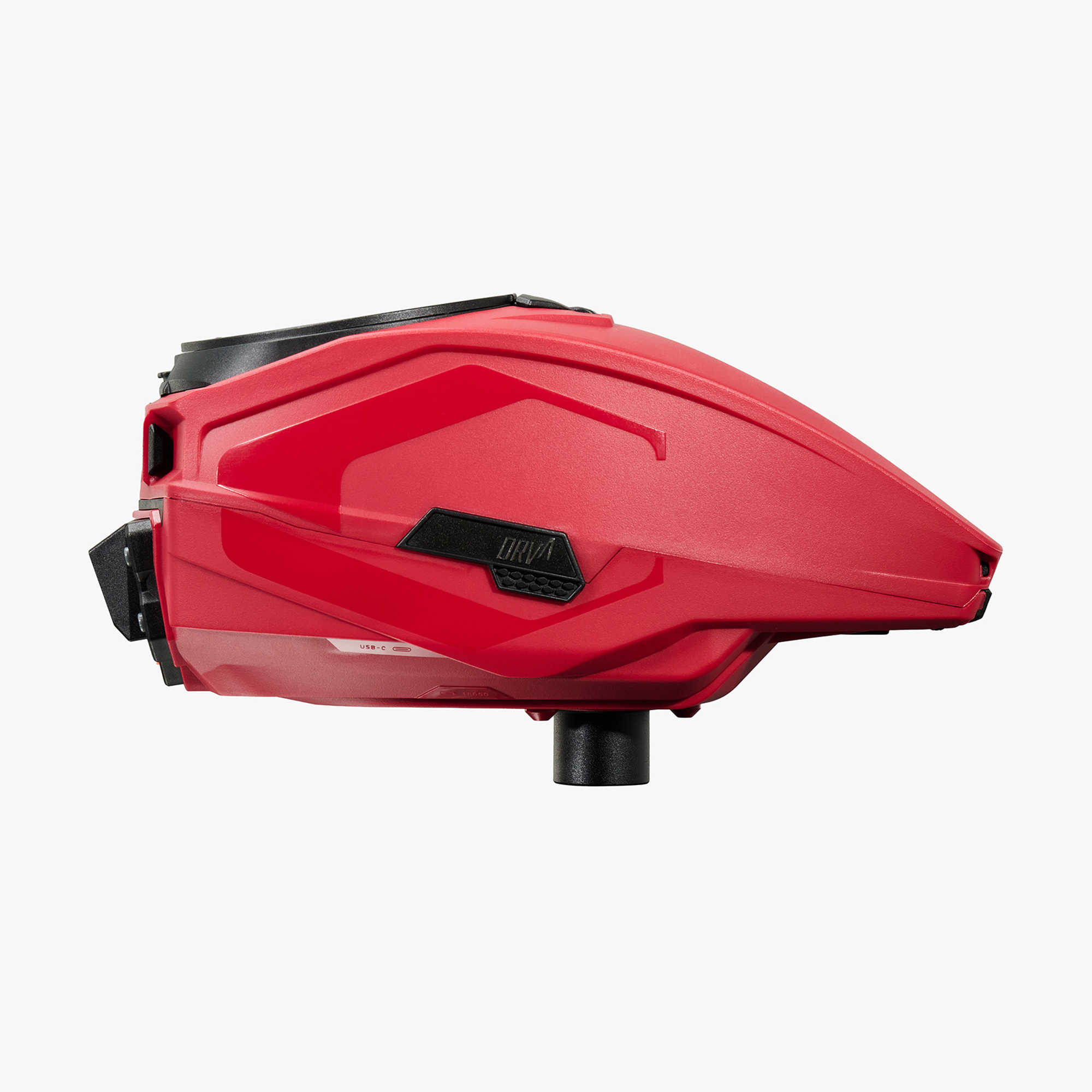 Red paintball loader with a sleek design, viewed from the side.
