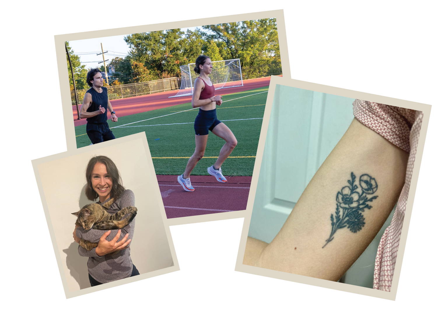 Left: Elena Hayday smiling and holding her cat. Middle: Elena at practice, running on a track with a teammate. Right: Elena's wildflower tattoo on her bicep.