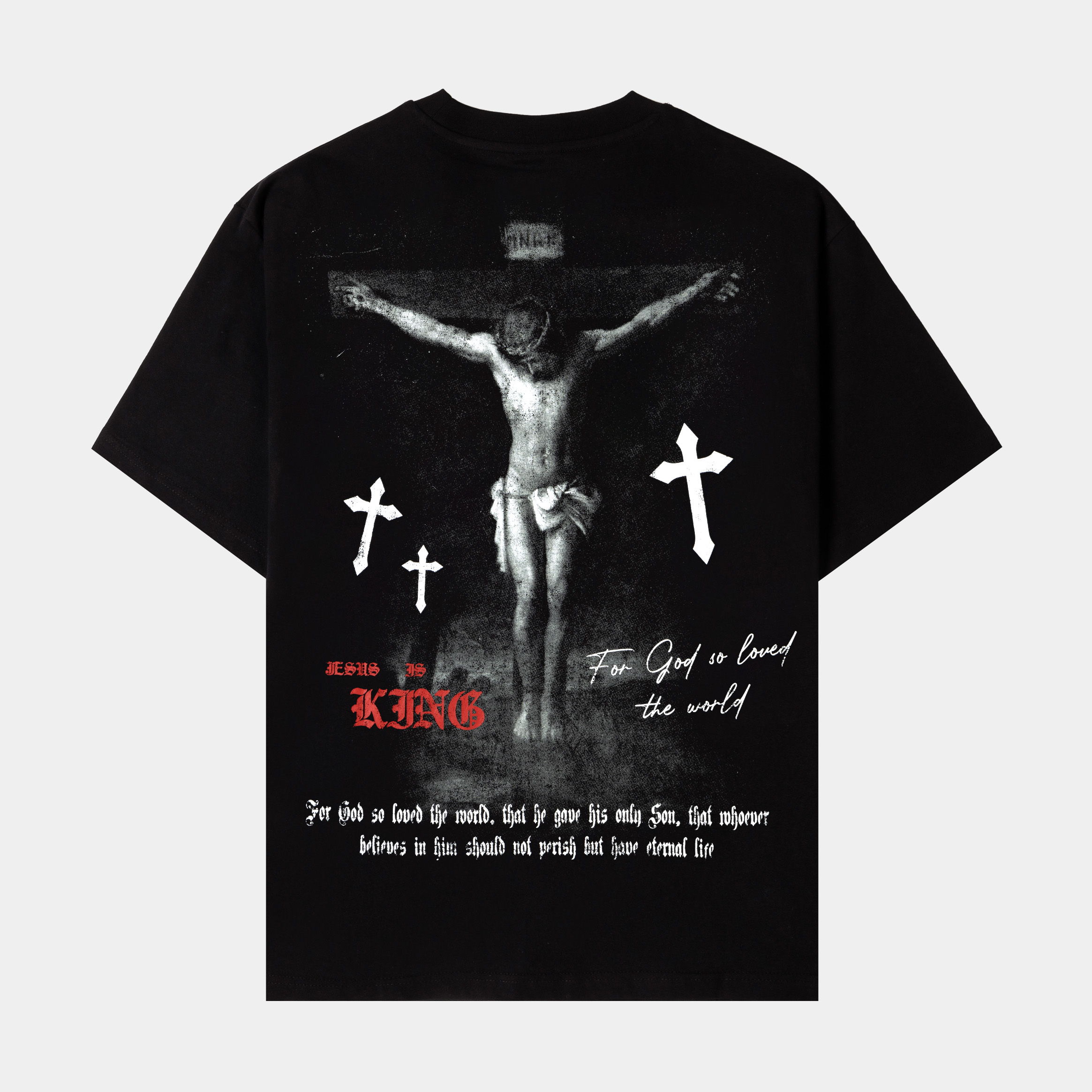 Black t-shirt with graphic design on the front and text.