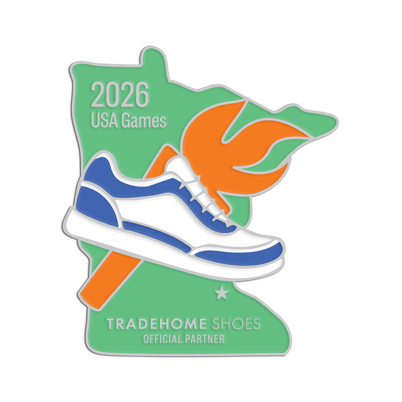 2026 USA Games logo featuring a shoe and a flame on a state outline.