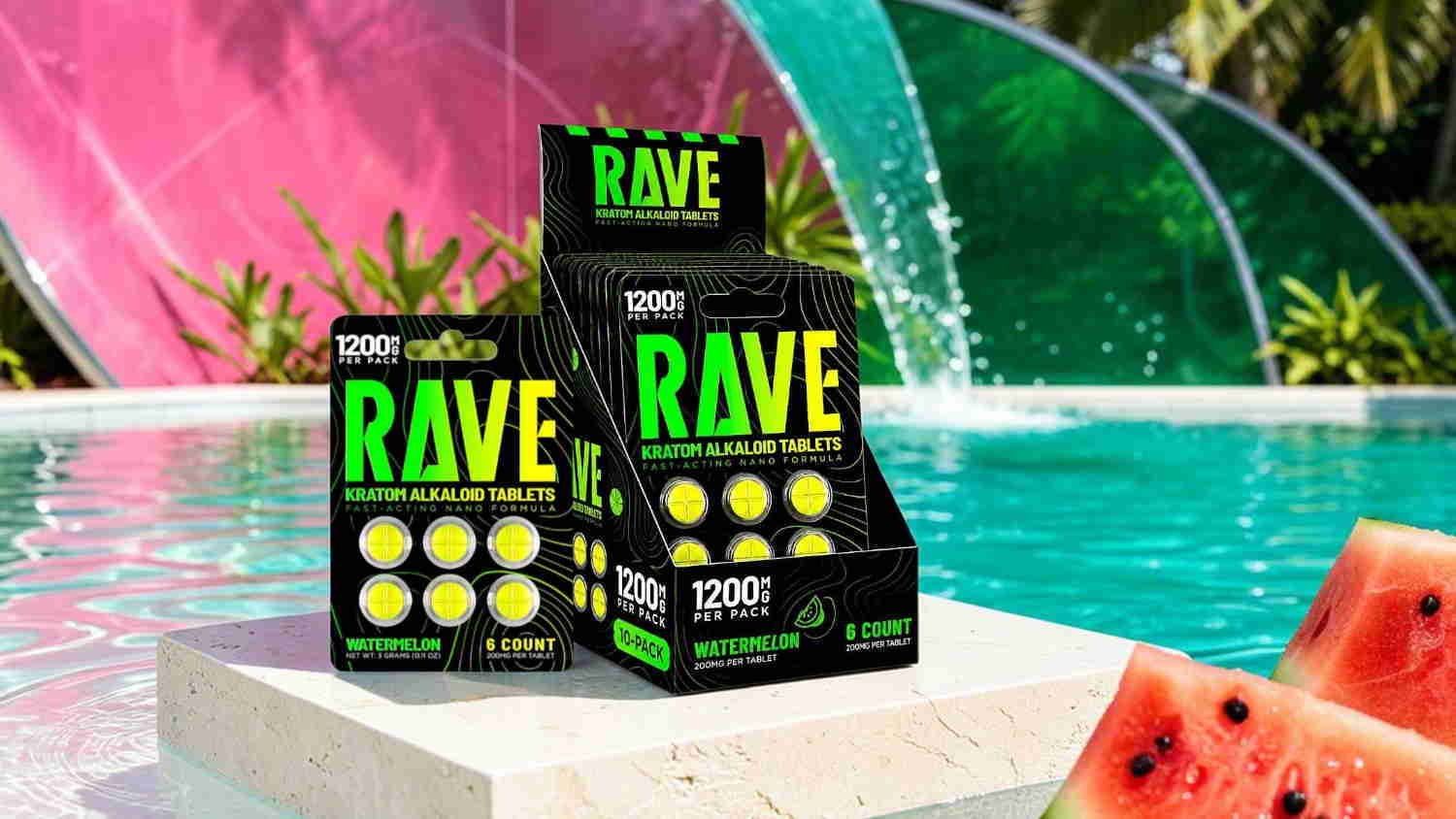 RAVE products displayed by a pool with watermelon slices.