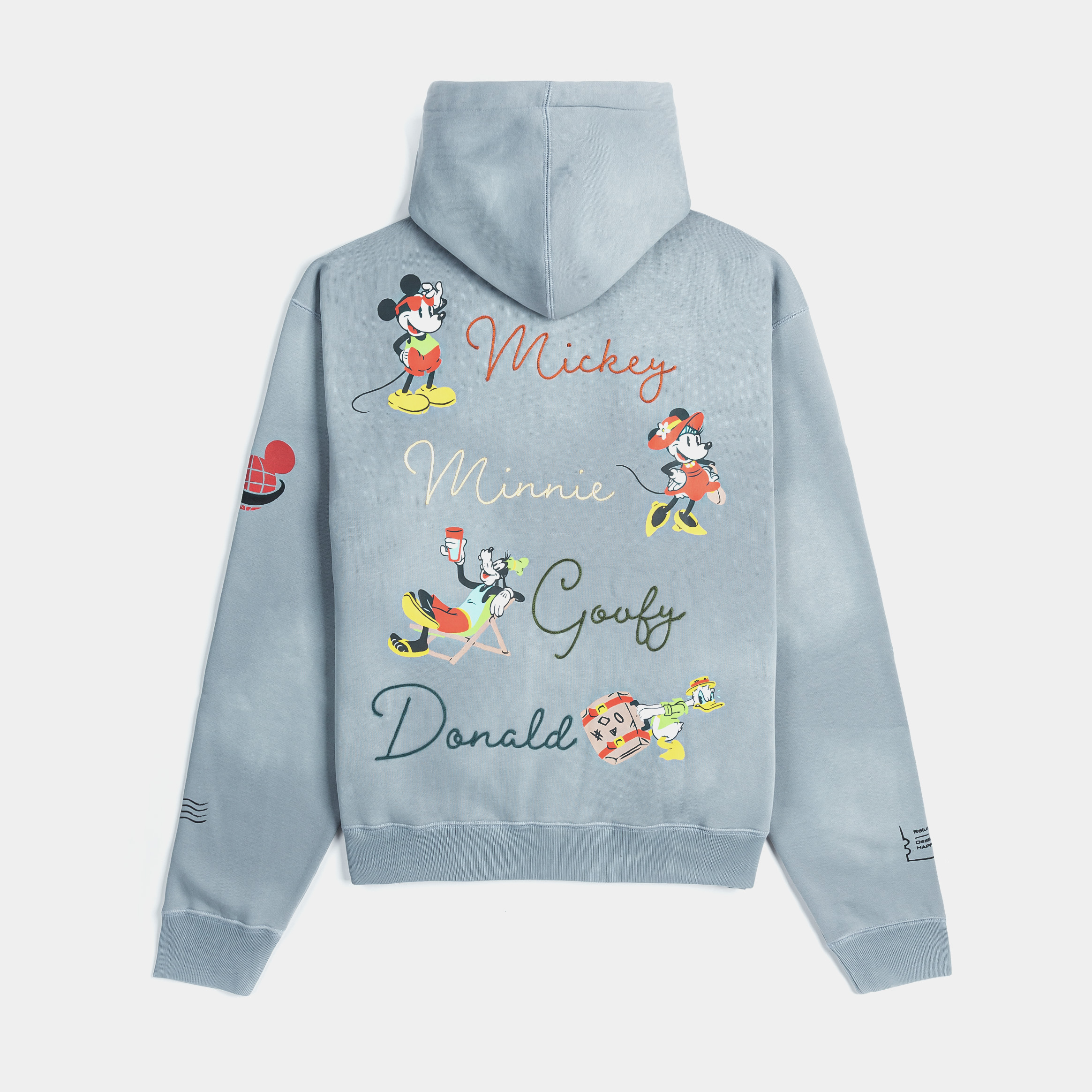 Gray zip-up hoodie with graphic designs on the front and sleeve.