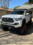 Front three-quarter white Tacoma TRD Off-Road Prinsu rack LED bar amber ditch lights sunny driveway Joel's 2-Chime 3-Liter gallery photo 2