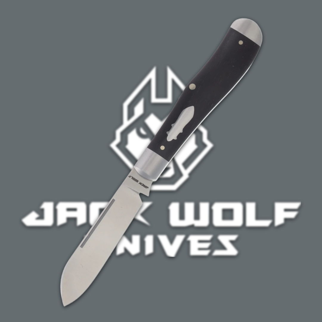 Folding knife with black handle and silver blade, Jack Wolf Knives logo background.