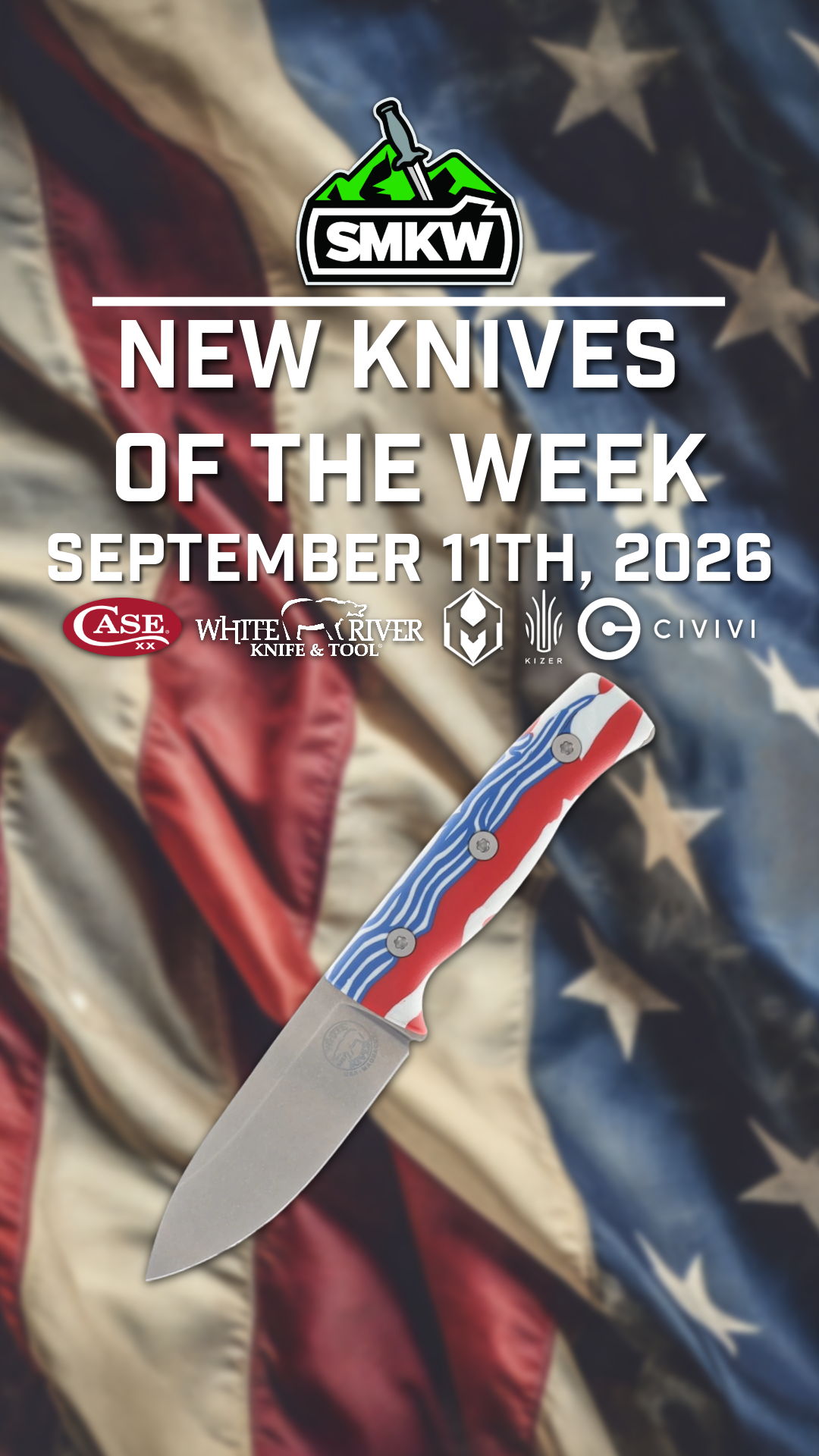 Promotional image for new knives with American flag background, dated September 11, 2026.
