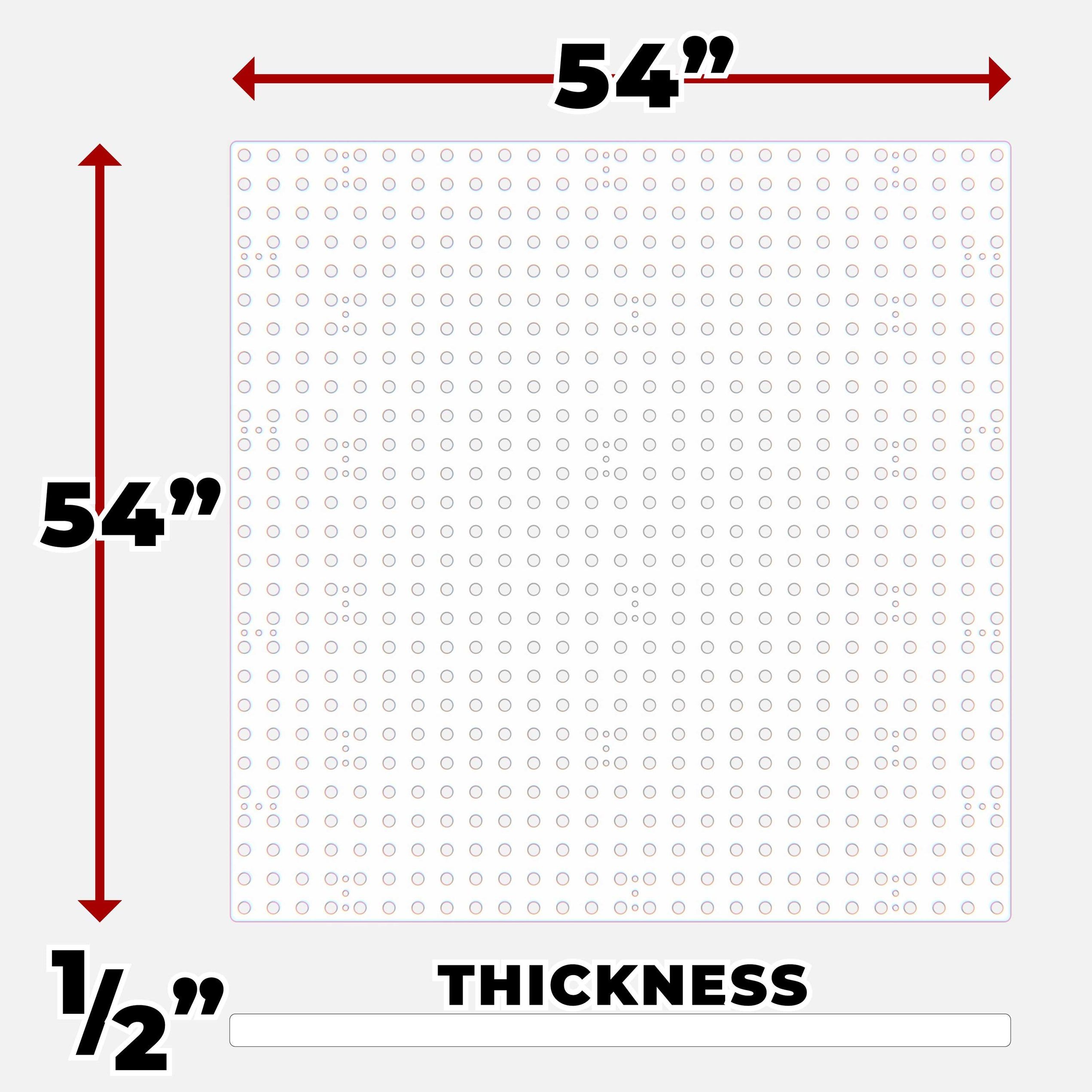 Diagram showing dimensions of a square, 54 inches by 54 inches, ½ inch thick.