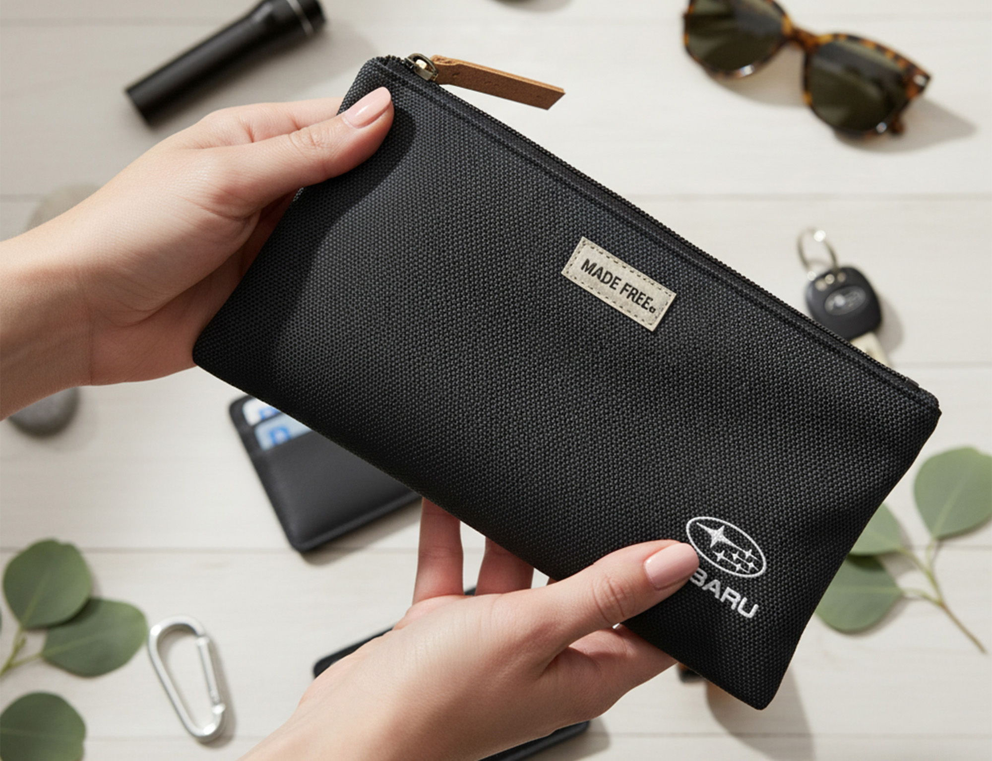 Person holding a black Subaru pouch with a zipper.