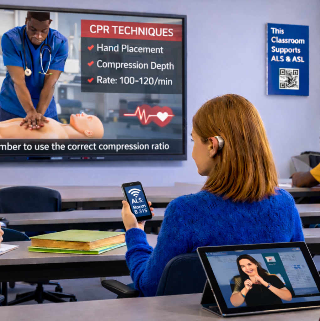 Visual alert for safety man holding cell phone with sign language