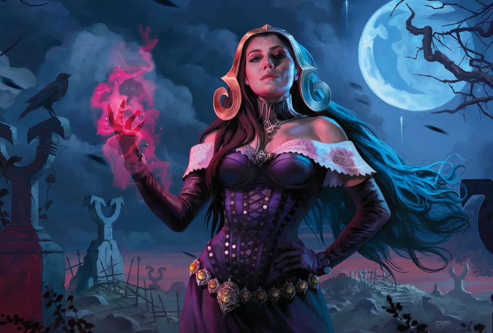 Innistrad Remastered A mystical woman in a dark landscape, wielding pink magic under a full moon.
