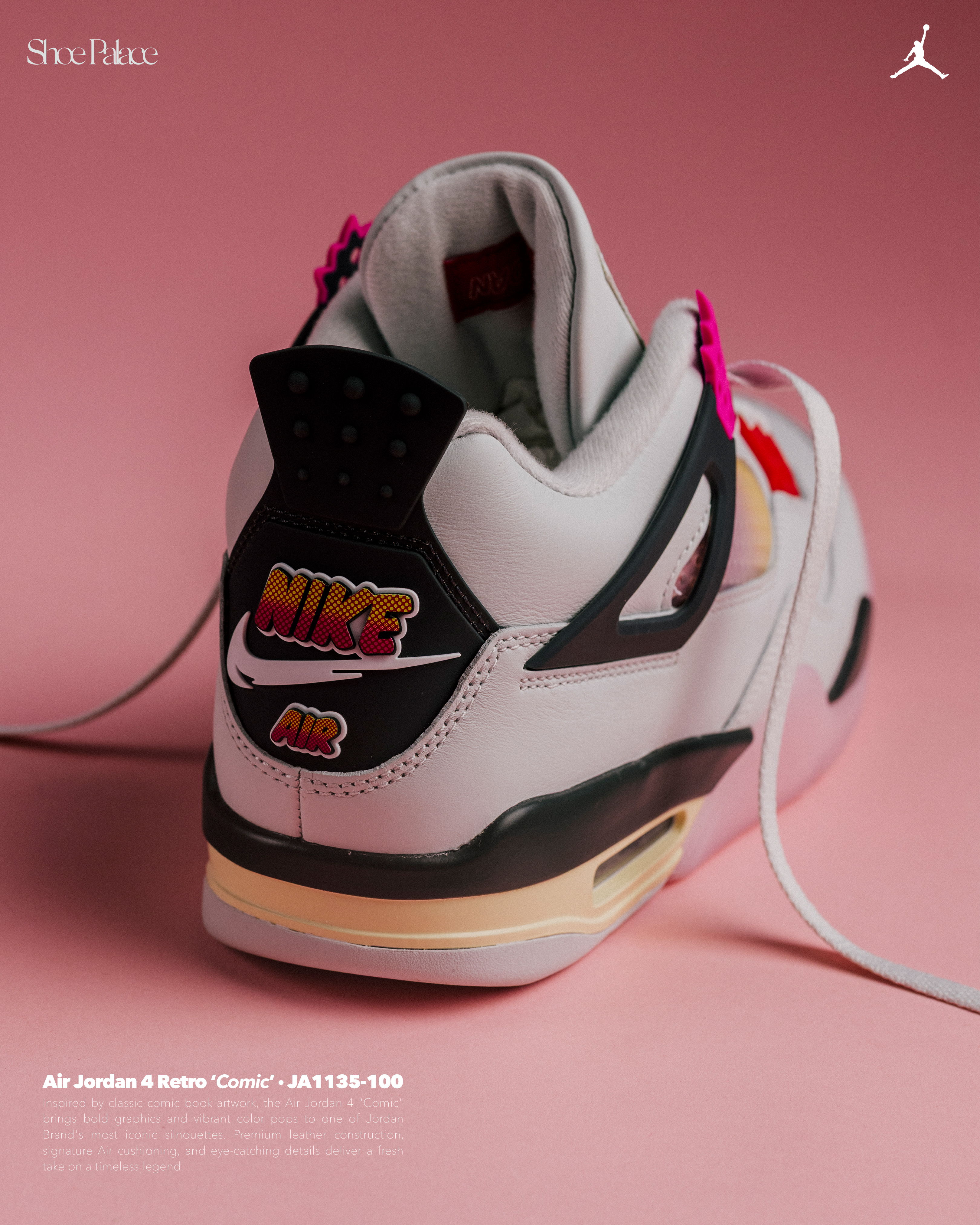 Nike Air Jordan 4 sneaker with a pink background.