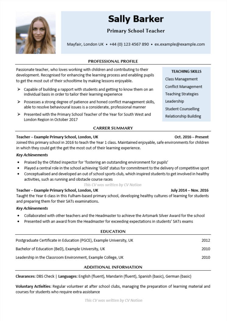 Primaryt School Teacher CV Sample